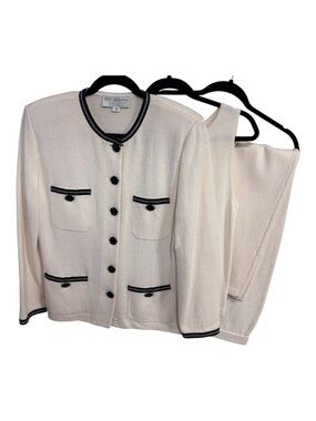 NWOT St John Collection 3 pc Cream Knit Jacket, Top & Skirt w Black Trim Sz 12